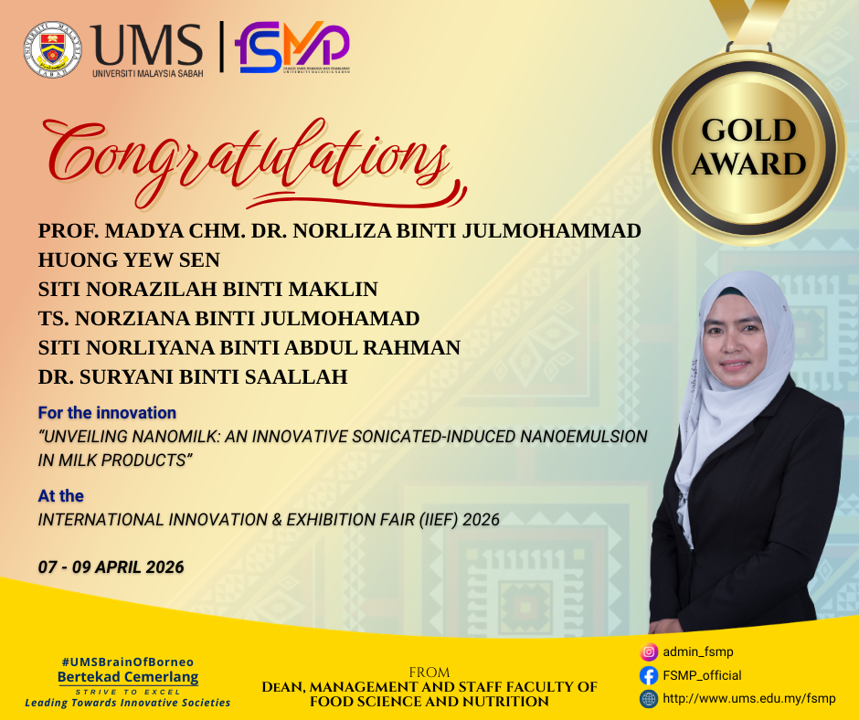 Tahniah kepada Prof. Madya ChM. Dr. Norliza binti Julmohammad atas kejayaan meraih Gold Award di International Innovation 